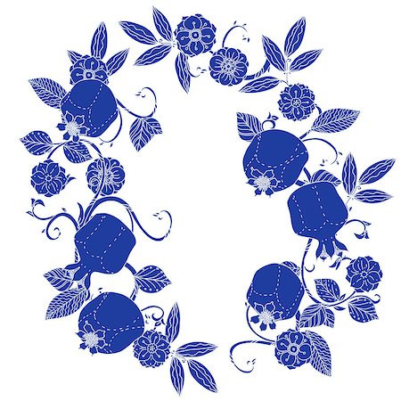 simsearch:400-08616791,k - Oriental traditional patterned frame branch and pomegranate fruits as detailed silhouette blue on white background Vector illustration. The best for your design, textiles, posters, t-shirt Foto de stock - Super Valor sin royalties y Suscripción, Código: 400-08630266