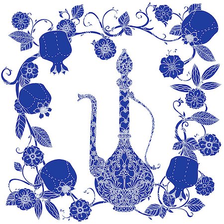 simsearch:400-08616791,k - Oriental traditional patterned jug, Flowering branch and pomegranate fruits as detailed silhouette blue on white background Vector illustration. The best for your design, textiles, posters, t-shirt Foto de stock - Super Valor sin royalties y Suscripción, Código: 400-08630260