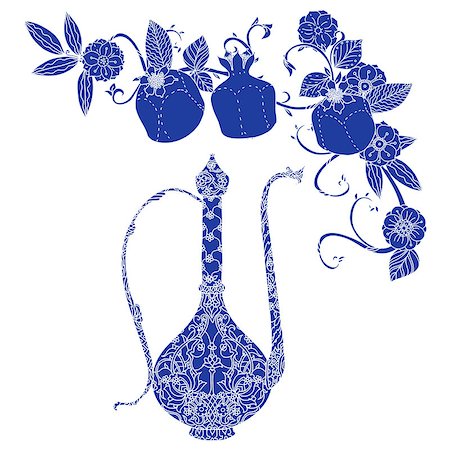 simsearch:400-08616791,k - Oriental traditional patterned jug, Flowering branch and pomegranate fruits as detailed silhouette blue on white background Vector illustration. The best for your design, textiles, posters, t-shirt Foto de stock - Super Valor sin royalties y Suscripción, Código: 400-08630261