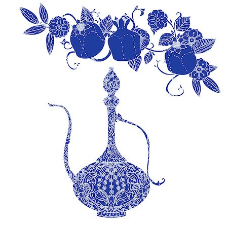 simsearch:400-08616791,k - Oriental traditional patterned jug, Flowering branch and pomegranate fruits as detailed silhouette blue on white background Vector illustration. The best for your design, textiles, posters, t-shirt Foto de stock - Super Valor sin royalties y Suscripción, Código: 400-08630262