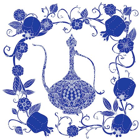 simsearch:400-08616791,k - Oriental traditional patterned jug, Flowering branch and pomegranate fruits as detailed silhouette blue on white background Vector illustration. The best for your design, textiles, posters, t-shirt Foto de stock - Super Valor sin royalties y Suscripción, Código: 400-08630263