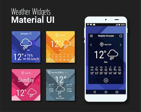 simsearch:400-08645953,k - Trendy mobile app weather widgets UI kit, on trendy material background, with smartphone mockup and bold line icons Stock Photo - Budget Royalty-Free & Subscription, Code: 400-08645954