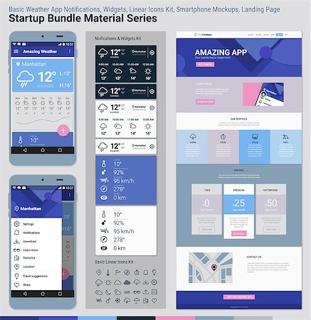 simsearch:400-08645953,k - Material design responsive pixel perfect UI mobile weather app, basic linear icons, widgets and notifications kit, smartphone mockups and website landing page template with trendy polygonal header background, basic linear UI kit, weather app widget. Startup Bundle Material Series Stock Photo - Budget Royalty-Free & Subscription, Code: 400-08645956