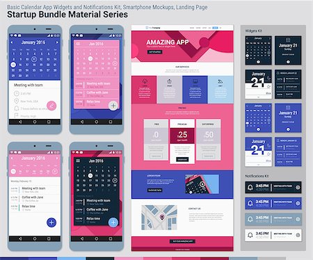 simsearch:400-08645953,k - Material design responsive pixel perfect UI mobile calendar app, widgets and notifications kit, smartphone mockups and website landing page template with trendy material header background. Startup Bundle Material Series Stock Photo - Budget Royalty-Free & Subscription, Code: 400-08645957