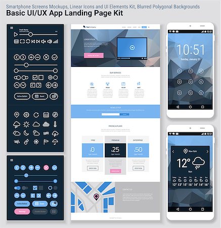 simsearch:400-08645953,k - Flat design responsive pixel perfect UI mobile app and website template with trendy polygonal header background, basic linear UI kit, calendar app widget Stock Photo - Budget Royalty-Free & Subscription, Code: 400-08645951