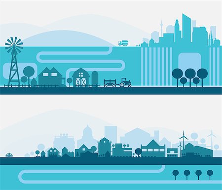 Vector horizontal banners skyline Kit with various parts of city - factories, refineries, power plants and small towns or suburbs. Illustration divided on layers for create parallax effect Stock Photo - Budget Royalty-Free & Subscription, Code: 400-08645969