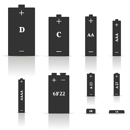 recharging batteries symbol - Set of different types of batteries gray with a mirror reflection, vector illustration. Stock Photo - Budget Royalty-Free & Subscription, Code: 400-08646083