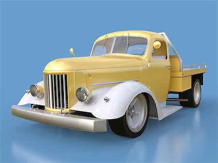 simsearch:400-08574227,k - Old restored pickup. Pick-up in the style of hot rod. 3d illustration. Golden-white car on a blue background Photographie de stock - Aubaine LD & Abonnement, Code: 400-08646184