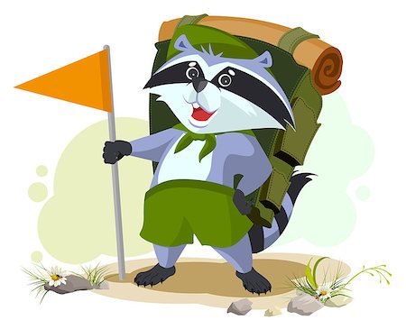 Scout raccoon with backpack goes camping. Summer Camping. Cartoon vector illustration Stock Photo - Budget Royalty-Free & Subscription, Code: 400-08646274
