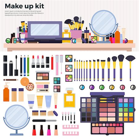 simsearch:400-04988963,k - Make up kit vector flat illustrations. Decorative cosmetics on the table in the beauty shop. Beauty and make up concept. Lipsticks, palette of eyeshadow, parfume, powder, mirror,  isolated on white background Foto de stock - Super Valor sin royalties y Suscripción, Código: 400-08646302