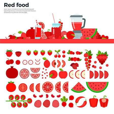 simsearch:400-07714506,k - Red food vector flat illustrations. Red vegetables, fruits and blender on the table. Full of vitamins healthy eating concept. Red fruits and vegetables isolated on white background Photographie de stock - Aubaine LD & Abonnement, Code: 400-08646303