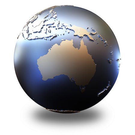 simsearch:400-08729854,k - Australia on metallic model of planet Earth with embossed continents and visible country borders. 3D illustration isolated on white background with shadow. Photographie de stock - Aubaine LD & Abonnement, Code: 400-08646567