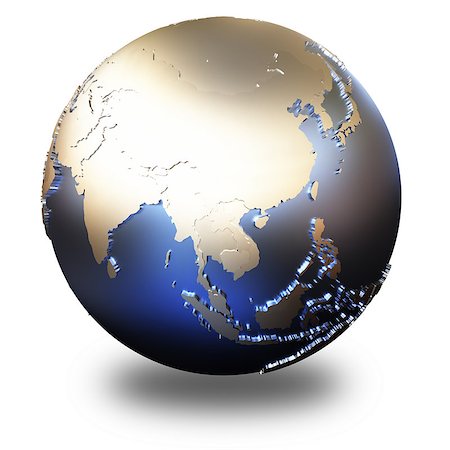 simsearch:400-08645998,k - Southeast Asia on metallic model of planet Earth with embossed continents and visible country borders. 3D illustration isolated on white background with shadow. Stock Photo - Budget Royalty-Free & Subscription, Code: 400-08646561