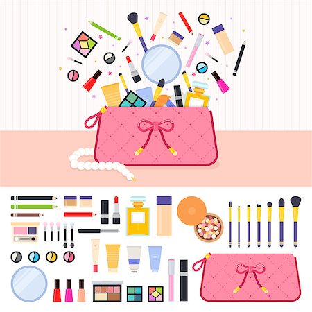 simsearch:400-09142582,k - Make up bag vector flat illustrations. Woman bag full of cosmetics. Beauty and make up concept. Lipstick, eyeshadow, parfume, powder isolated on white background Foto de stock - Super Valor sin royalties y Suscripción, Código: 400-08646839