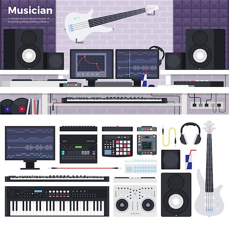 simsearch:400-08414976,k - Musician workspace vector flat illustrations. Musician working cabinet with digital equipment. Sound art concept. Computer, headphones, guitar, sequencer, loudspeaker isolated on white background Stock Photo - Budget Royalty-Free & Subscription, Code: 400-08646840