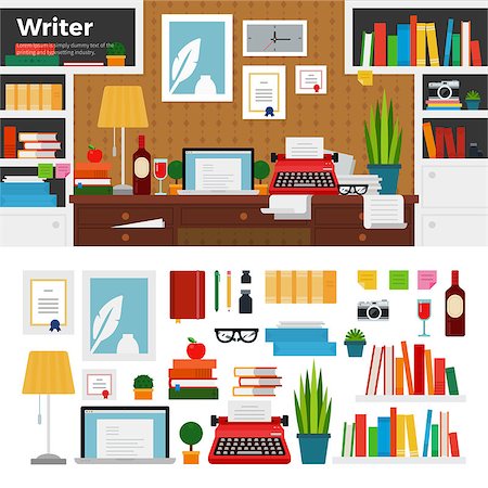 red grape - Writer working place vector flat illustrations. Writer cabinet interior with books, papers and computer. Computer, typewriter, pens, vine, lamp isolated on white background Foto de stock - Super Valor sin royalties y Suscripción, Código: 400-08646841