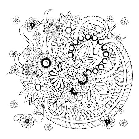 simsearch:400-08647106,k - Monochome mandalas and flowers with hand drawn elements. Boho style. Image for adult and children coloring books, pages, tattoo. For decorate dishes, cups, porcelain, ceramics, shirts, dresses, bags, tunics. eps 10. Foto de stock - Super Valor sin royalties y Suscripción, Código: 400-08647088