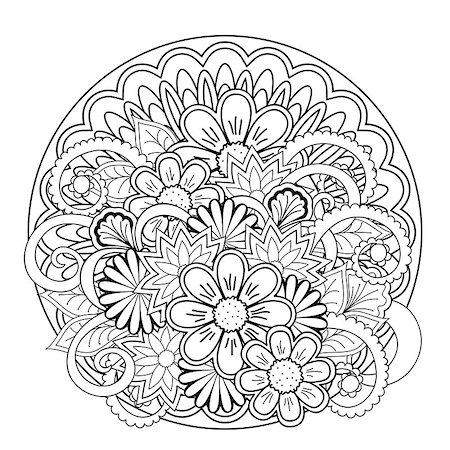 simsearch:400-08647106,k - Monochrome mandalas and flowers with hand drawn elements. Image for adult and children coloring books, pages, tattoo. For decorate dishes, cups, porcelain, ceramics, shirts, dresses, bags, tunics. eps 10. Foto de stock - Super Valor sin royalties y Suscripción, Código: 400-08647102