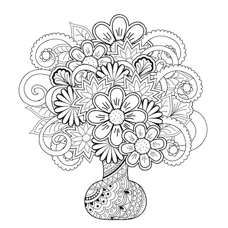 simsearch:400-08647106,k - Hand drawn monochrome print with doodle flowers in the vase isolated on the white. Boho style. Image for adult and children coloring books, pages, tattoo, decorate dishes, cups, porcelain, ceramics, shirts, dresses, bags, tunics. eps 10 Foto de stock - Super Valor sin royalties y Suscripción, Código: 400-08647103