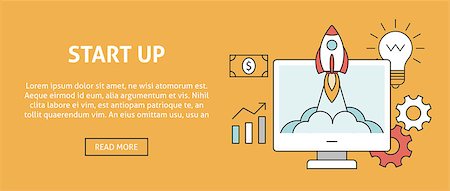 Business start up concept banner. Rocket launch from the pc. Outline business icons Stock Photo - Budget Royalty-Free & Subscription, Code: 400-08647281