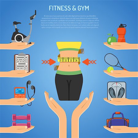simsearch:400-08532856,k - Fitness and Gym Concept for Mobile Applications, Web Site, Advertising like Waist, Exercise Bike Dambbells and Scales. Stock Photo - Budget Royalty-Free & Subscription, Code: 400-08647448
