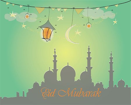 Creative greeting card design for holy month of muslim community festival Eid Mubarak with moon and hanging lantern and stars on green background. Stock Photo - Budget Royalty-Free & Subscription, Code: 400-08647640