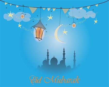 Creative greeting card design for holy month of muslim community festival Eid Mubarak with moon and hanging lantern and stars on blue background. Stock Photo - Budget Royalty-Free & Subscription, Code: 400-08647641