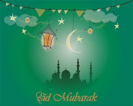 Creative greeting card design for holy month of muslim community festival Eid Mubarak with moon and hanging lantern and stars on green background. Stock Photo - Budget Royalty-Free & Subscription, Code: 400-08647642