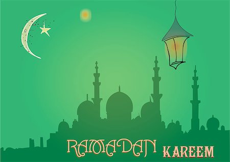 Creative greeting card design for holy month of muslim community festival Ramadan Kareem with moon and hanging lantern and stars on green background. Stock Photo - Budget Royalty-Free & Subscription, Code: 400-08647643