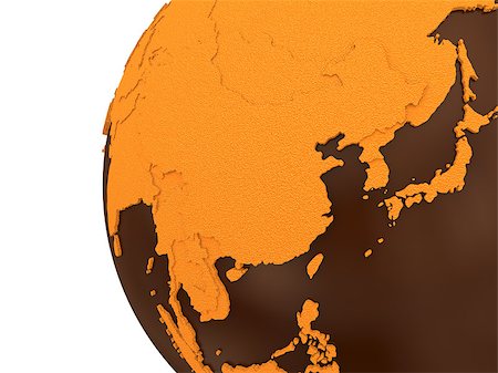 simsearch:400-08647818,k - Southeast Asia on chocolate model of planet Earth. Sweet crusty continents with embossed countries and oceans made of dark chocolate. 3D rendering. Photographie de stock - Aubaine LD & Abonnement, Code: 400-08647814