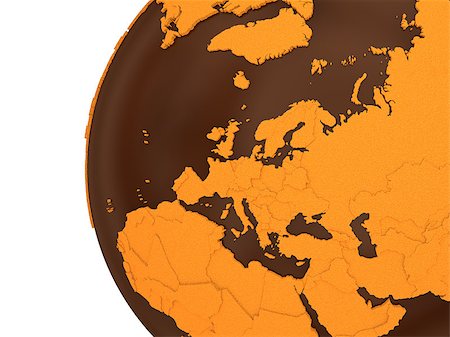 simsearch:400-08647811,k - Europe on chocolate model of planet Earth. Sweet crusty continents with embossed countries and oceans made of dark chocolate. 3D rendering. Photographie de stock - Aubaine LD & Abonnement, Code: 400-08647817