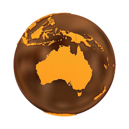 simsearch:400-08770382,k - Australia on chocolate model of planet Earth. Sweet crusty continents with embossed countries and oceans made of dark chocolate. 3D illustration isolated on white background. Foto de stock - Super Valor sin royalties y Suscripción, Código: 400-08647828