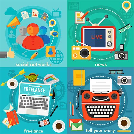 Telling A Story, News, Freelance and Social Networking concept banners. Flat style vector illustration online web banners Stock Photo - Budget Royalty-Free & Subscription, Code: 400-08647869