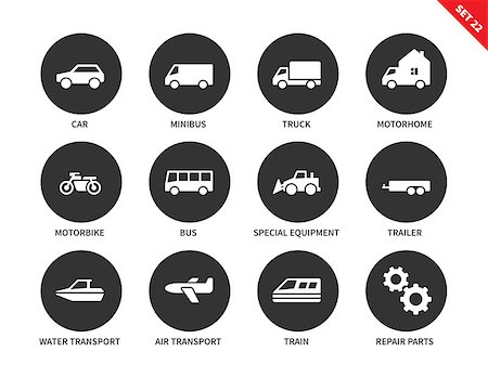 simsearch:400-09137759,k - Transportation vector icons set. Travelling and driving concept. Different kinds of vehicles, cars, minibus, truck, motorhome, motorbike, water and air transport, train. Isolated on white Stock Photo - Budget Royalty-Free & Subscription, Code: 400-08648118