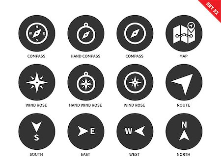 simsearch:400-08407154,k - Compass and maps vector icons set. Equipment for finding right way. Travelling and direction items, compasses, map, wind roses, south, east, west, north signs. Isolated on white background Stockbilder - Microstock & Abonnement, Bildnummer: 400-08648128