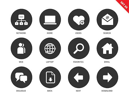 simsearch:625-00898397,k - Social network vector icons set. Internet and communication concept. Web pages items, search, user, laptop, email, dialogue and options for navigation. Isolated on white background Fotografie stock - Microstock e Abbonamento, Codice: 400-08648272