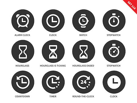 Time vector icons set. Icons for commerce shops. Different tine accessories, alarm clock, clock, watch, stopwatch, hourglass, timer. Isolated on white background Stock Photo - Budget Royalty-Free & Subscription, Code: 400-08648285
