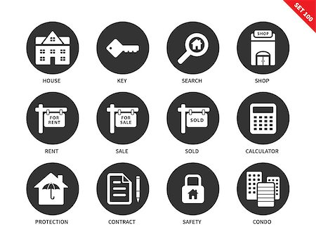 simsearch:400-08967527,k - Real estate vector icons set. Immovable property concept. Icons for banners and ads, house, key, search, rent, sale, sold, contract, condo, safety. Isolated on white background Stock Photo - Budget Royalty-Free & Subscription, Code: 400-08648294