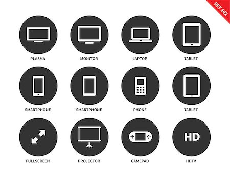 simsearch:400-08097289,k - Screen vector icons set. Computing and technology concept. Display items, plasma, monitor, laptop,  phone, projector, gamepad, hd. Isolated on white background Stock Photo - Budget Royalty-Free & Subscription, Code: 400-08648295