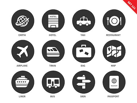 simsearch:400-08653702,k - Travel vector icons set. Journey and transportation items, earth, hotel, taxi, restaurant, airplane, train, bag, map, liner, bus, passport. Isolated on white background Photographie de stock - Aubaine LD & Abonnement, Code: 400-08648304