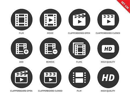 film camera silhouette - Video vector icons set. Film industry and media concept, filming equipment. Film, movie, clapperboard open and closed, add, remove, hd,  Isolated on white background Stock Photo - Budget Royalty-Free & Subscription, Code: 400-08648300