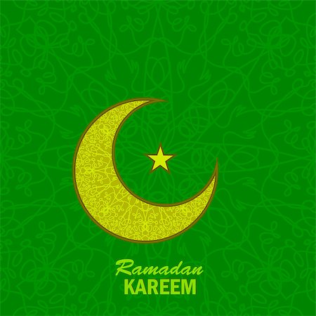 Ramadan Greetings Background. Ramadan Kareem Means Ramadan the Generous Month. Ramadan Greeting Card. Yellow Moon and Yellow Star on Green Ornamental Background Stock Photo - Budget Royalty-Free & Subscription, Code: 400-08648314