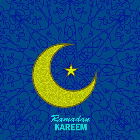 Ramadan Greetings Background. Ramadan Kareem Means Ramadan the Generous Month. Ramadan Greeting Card. Yellow Moon and Yellow Star on Blue Ornamental Background Stock Photo - Budget Royalty-Free & Subscription, Code: 400-08648322