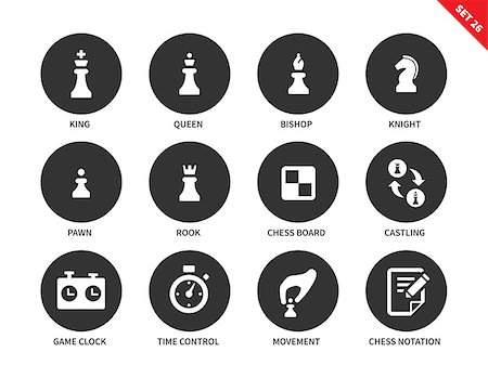 Chess figures vector icons set. Intellectual game concept. Equipment for playing chess, king, queen, bishop, knight, pawn, rook, board, game clock and chess notation. Isolated on white background Photographie de stock - Aubaine LD & Abonnement, Code: 400-08648355