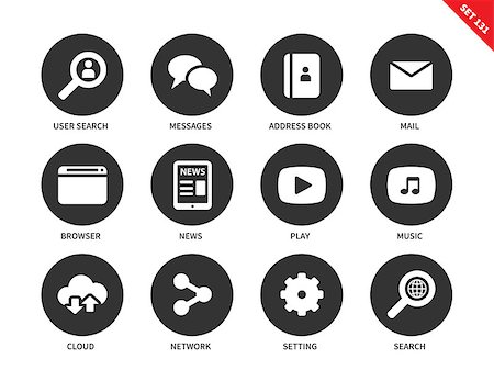 simsearch:400-08256257,k - Web sites vector icons set. Items for social networks and web pages, user, message, address book, mail, news, play, music, cloud, settings, search. Isolated on white background Stock Photo - Budget Royalty-Free & Subscription, Code: 400-08648357