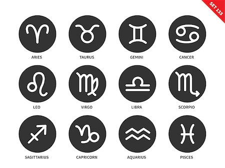 simsearch:400-07422243,k - Zodiac vector icons set. Astrology and fortunetelling concept, aries, taurus, gemini, cancer, leo, virgo, libra, scorpio, sagittarius, capricorn, aquarius and pisces. Isolated on white background Stock Photo - Budget Royalty-Free & Subscription, Code: 400-08648359