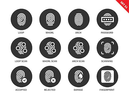 simsearch:400-05717632,k - Fingerprint vector icons set. Access and security concept. Items for systems of protection, loop, whorl, arch, password, scanning, fingerprints. Isolated on white background. Stock Photo - Budget Royalty-Free & Subscription, Code: 400-08648350