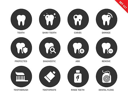 Teeth vector icons set. Helth and medicine concept. Dentistry icons, tooth, caries, diagnostic, protected, toothbrush, toothpaste, dental floss. Isolated on white backround Foto de stock - Super Valor sin royalties y Suscripción, Código: 400-08648364
