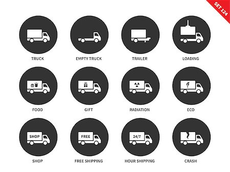 simsearch:400-08413489,k - Trucks vector icons set. Cargo and delivery concept. Transportation items, empty truck, trailer, loading, food, radiation, eco, free shipping, 24-7, crash. Isolated on white background Stock Photo - Budget Royalty-Free & Subscription, Code: 400-08648369