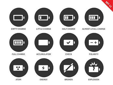 recharging batteries symbol - Battery charge indicators vector icons set. Charge level indicators for interface, batteries, accumulators. Icons for tablets and mobile devices. Isolated on whithe background Photographie de stock - Aubaine LD & Abonnement, Code: 400-08648360